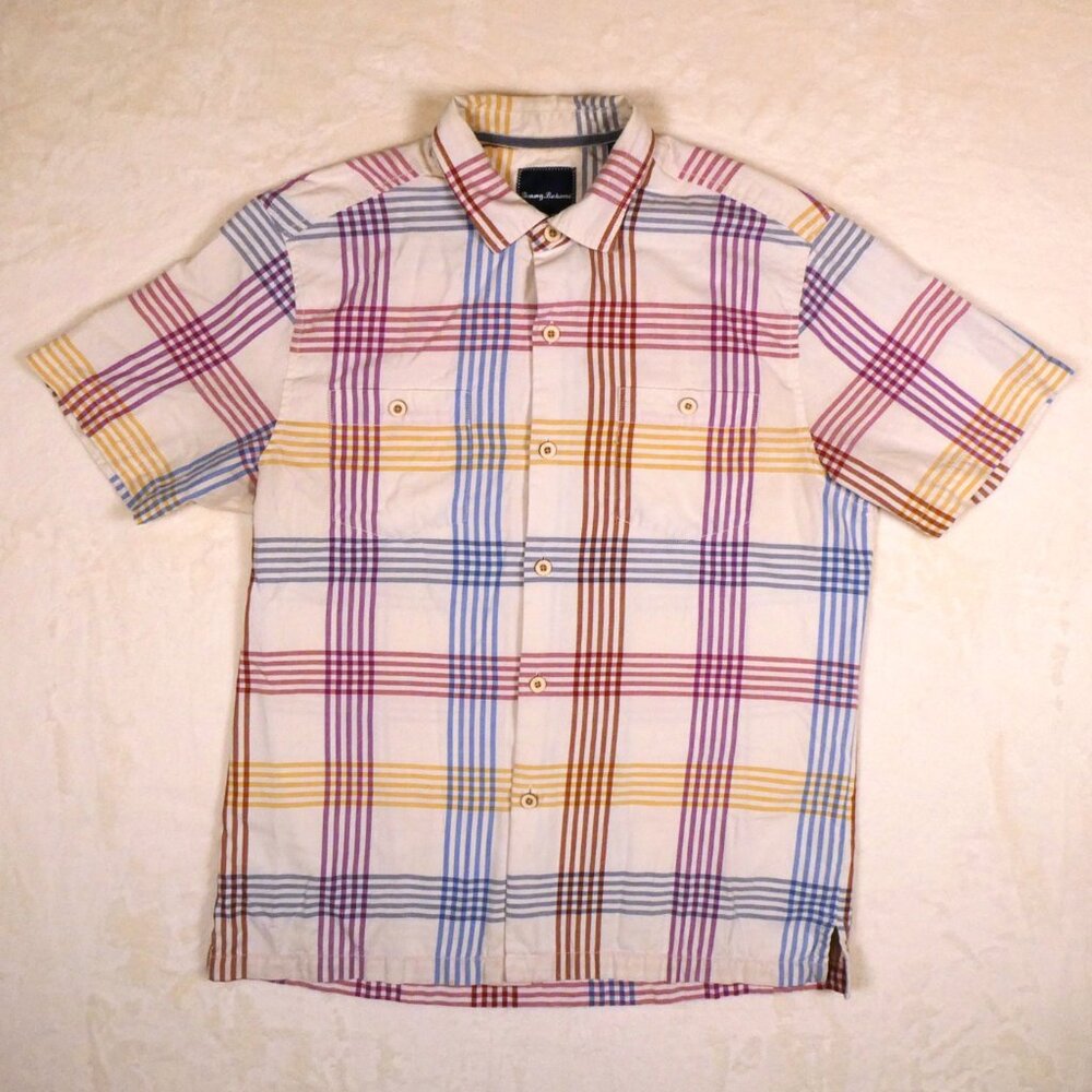 Tommy Bahama Silk Plaid Short Sleeve Button Down Size M Colorful Indie Artsy